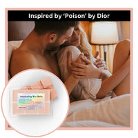 Two people embracing with a close-up of Intoxicating Wax Melts packaging labeled 'Inspired by Poison by Dior'.