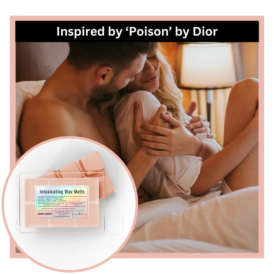 Two people embracing with a close-up of Intoxicating Wax Melts packaging labeled 'Inspired by Poison by Dior'.