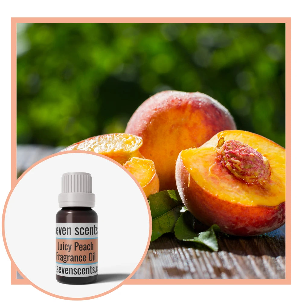 Juicy peach with a bottle of Seven Scents Juicy Peach fragrance oil on a wooden surface.