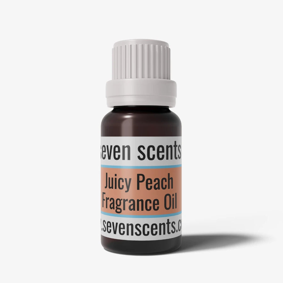 Juicy peach fragrance oil bottle with a white cap on a white background