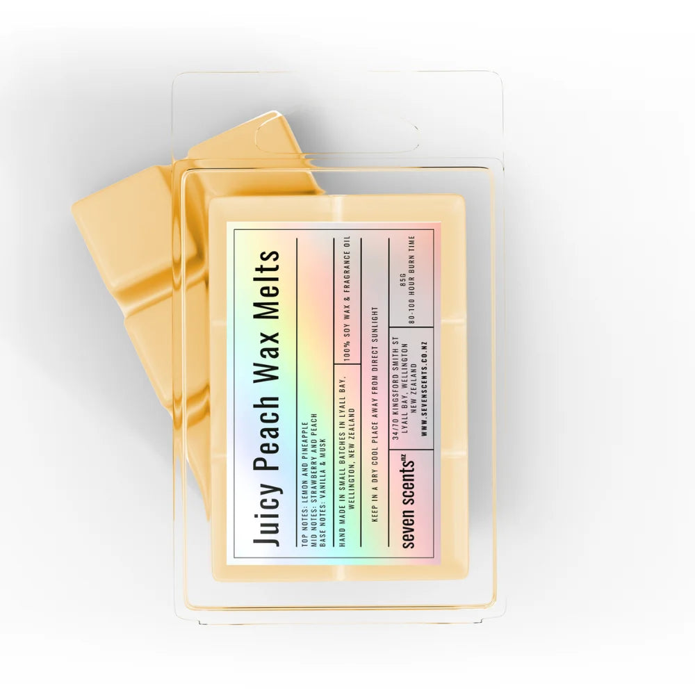 Pack of 'Juicy Peach Wax Melts' by seven scents on a white background