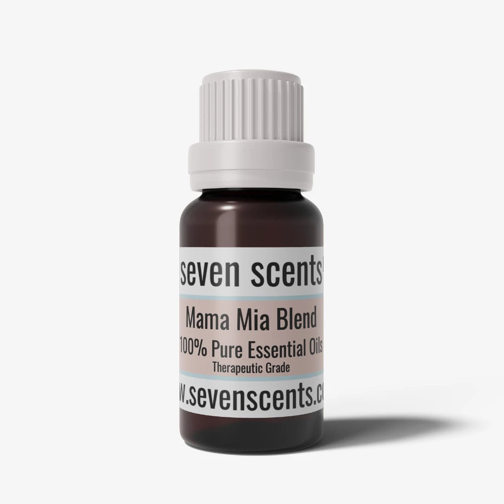 Mama Mia essential oil blend bottle with a white cap on a white background