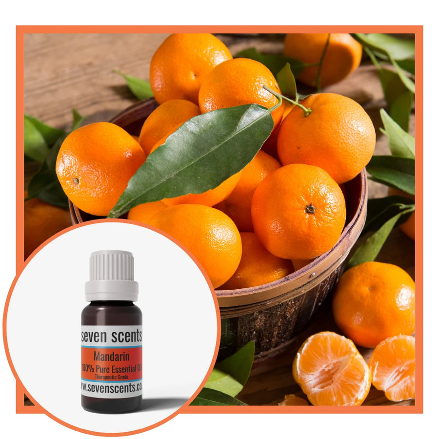 Mandarin essential oil by Seven Scents with a basket of mandarins and peeled mandarin halves