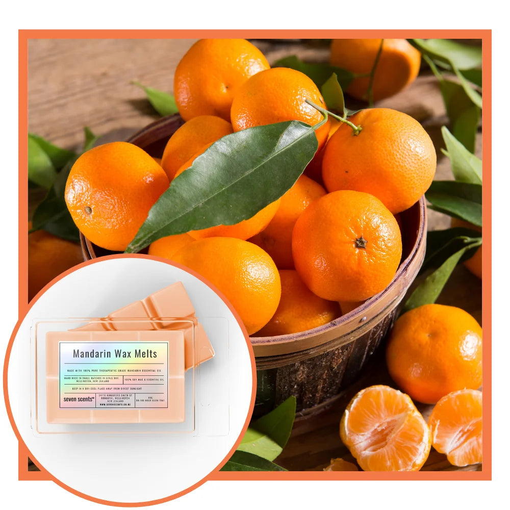 Basket of mandarin oranges with a close-up of Mandarin Wax Melts packaging.