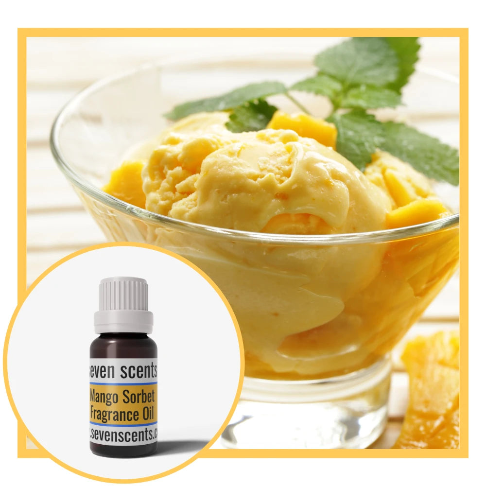 Bowl of mango ice cream with a bottle of Seven Scents Mango Sorbet Fragrance Oil.