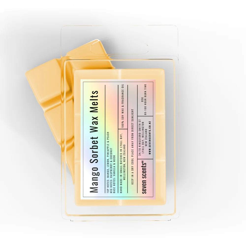 Pack of 'Mango Sorbet Wax Melts' by seven scents on a white background