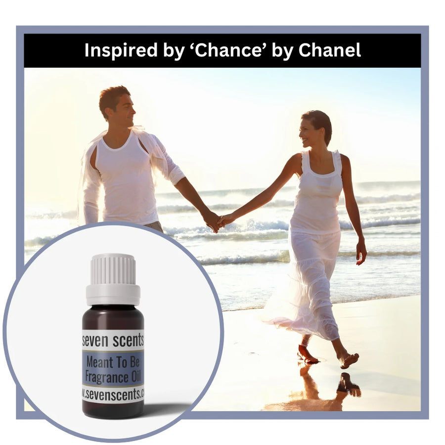 Couple holding hands on a beach with a bottle of Seven Scents meant to be fragrance oil inspired by chance by chanel.