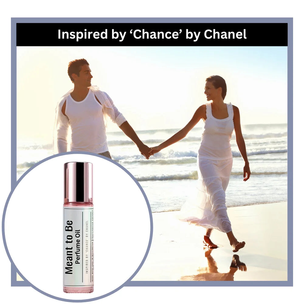 Couple holding hands on a beach with a 'Meant to Be' perfume oil bottle inspired by Chance by Chanel