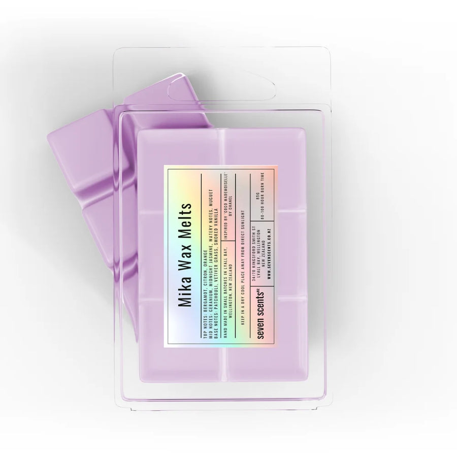 Pack of 'Mika Wax Melts' by seven scents on a white background