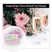 Parisian Heart wax melts with pink flowers and champagne glasses, inspired by Coco Chanel.
