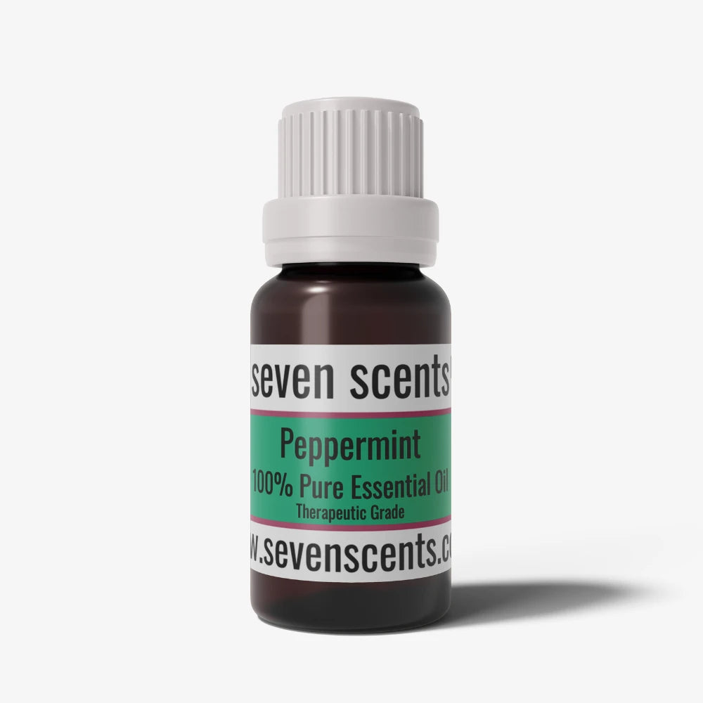 Peppermint Essential Oil bottle with a white cap on a white background