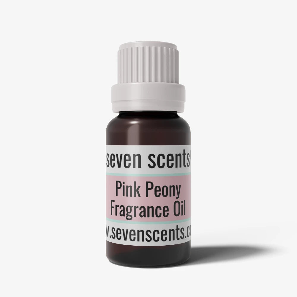 Pink peony fragrance oil bottle with a white cap on a white background