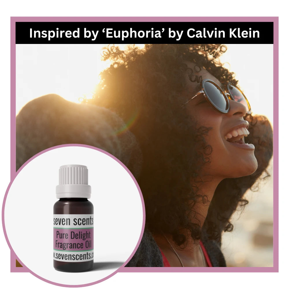 Woman wearing sunglasses with a Seven Scents pure delight fragrance oil bottle inset, inspired by 'Euphoria' by Calvin Klein.