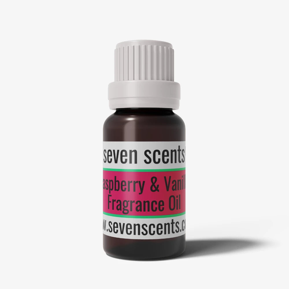 Raspberry vanilla fragrance oil bottle with a white cap on a white background