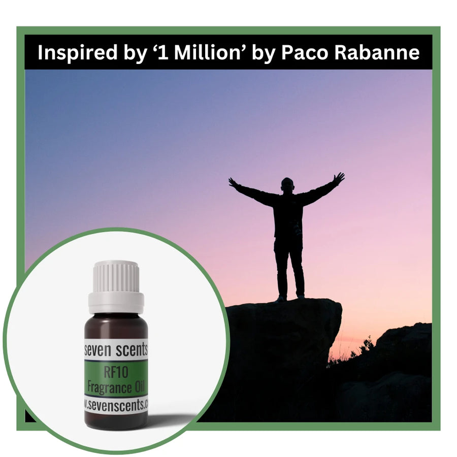 Silhouette of a person on a mountain with '1 Million' by Paco Rabanne text and Seven Scents rf10 fragrance oil bottle inset.
