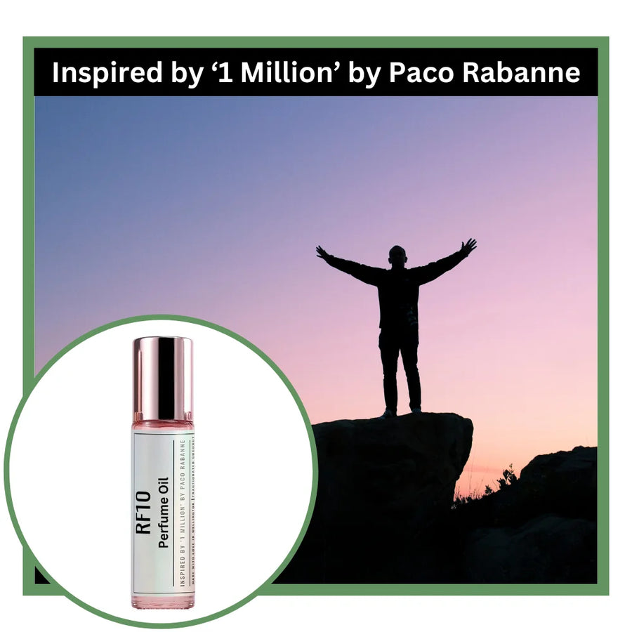 RF10 perfume oil bottle inspired by '1 Million' by Paco Rabanne and silhouette of a person on a cliff.