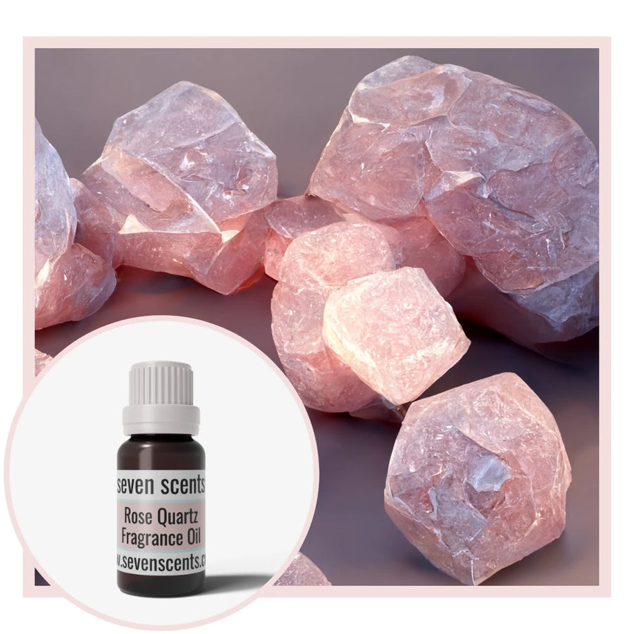 Rose quartz fragrance oil with pink rose quartz crystals