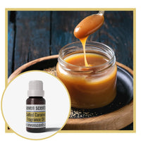 Jar of salted caramel sauce with a spoon pouring more sauce, inset with a bottle of Seven Scents Salted Caramel fragrance oil.