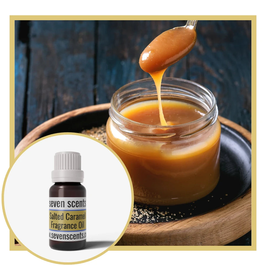 Jar of salted caramel sauce with a spoon pouring more sauce, inset with a bottle of Seven Scents Salted Caramel fragrance oil.