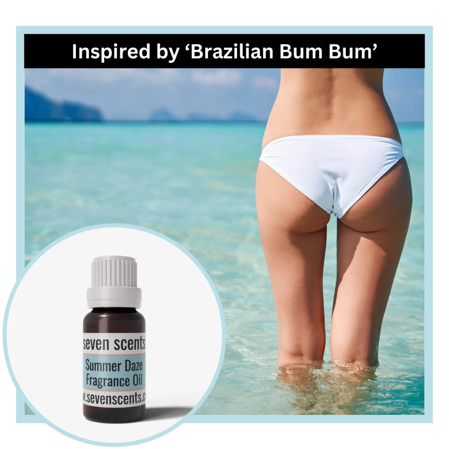 Person in white bikini standing in water with 'Seven Scents' summer daze fragrance oil bottle inset, labeled 'Inspired by Brazilian Bum Bum'.