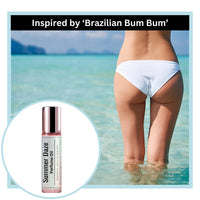 Summer daze perfume oil inspired by Brazilian Bum Bum with a person in white bikini bottom standing in water