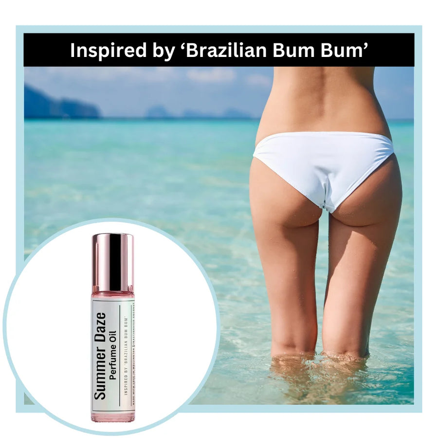 Summer daze perfume oil inspired by Brazilian Bum Bum with a person in white bikini bottom standing in water