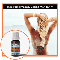 Seven Scents Sun-Kissed Fragrance Oil bottle with a woman in a bikini against a light blue sky.