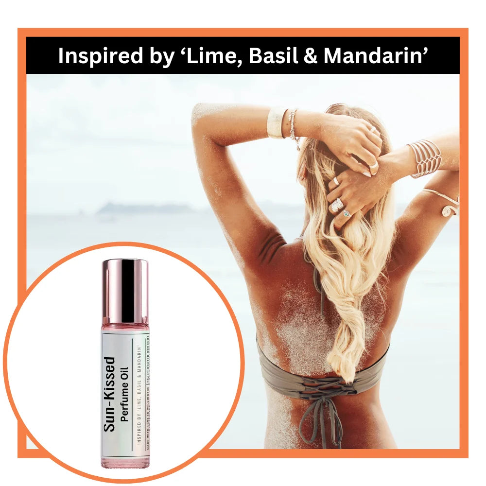 Sun-kissed perfume oil inspired by Lime, Basil & Mandarin with a woman with sun-kissed skin on the beach