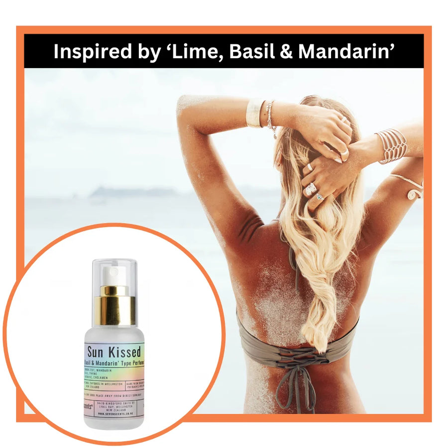 Woman with sun-kissed skin and a bottle of 'Sun Kissed' product inspired by Lime, Basil & Mandarin.