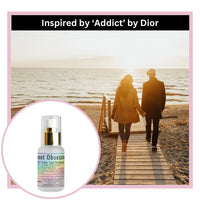 Couple walking on a wooden pier by the sea with sweet obsession perfume inset labeled 'Inspired by Addict by Dior'.