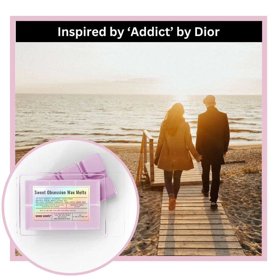 Sweet Obsession wax melts inspired by 'Addict' by Dior with a couple walking on a beach.