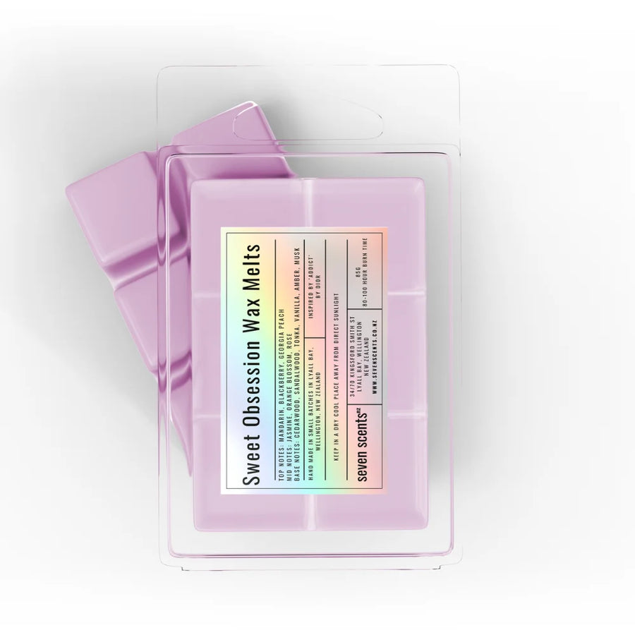 Pack of 'Sweet Obsession Wax Melts' by seven scents on a white background