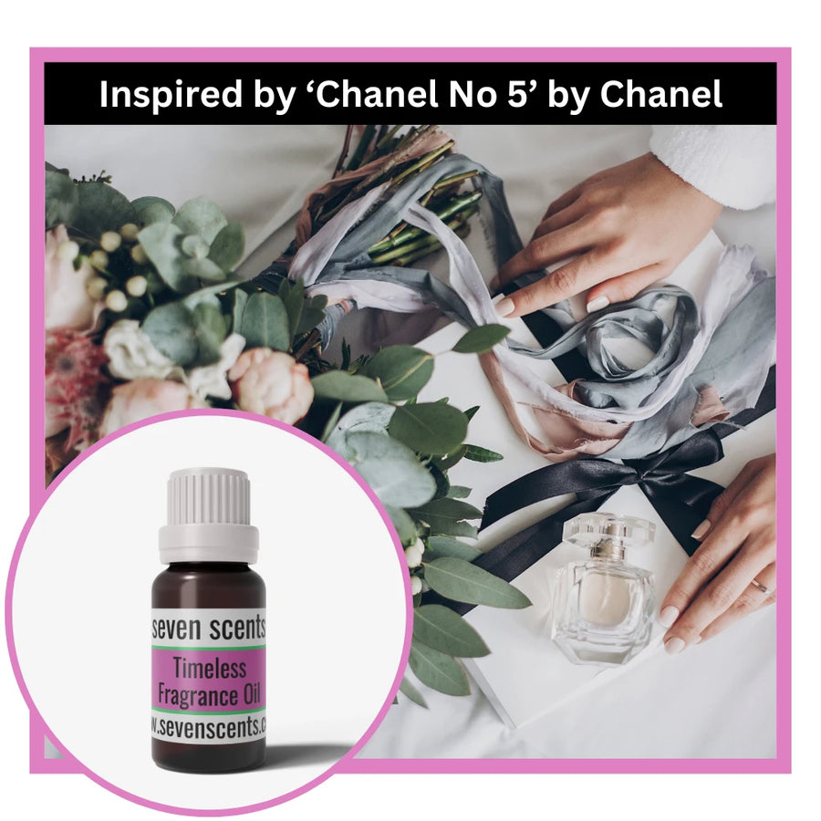 Timeless fragrance oil with a close-up of a hand holding a bouquet, inspired by Chanel No 5.