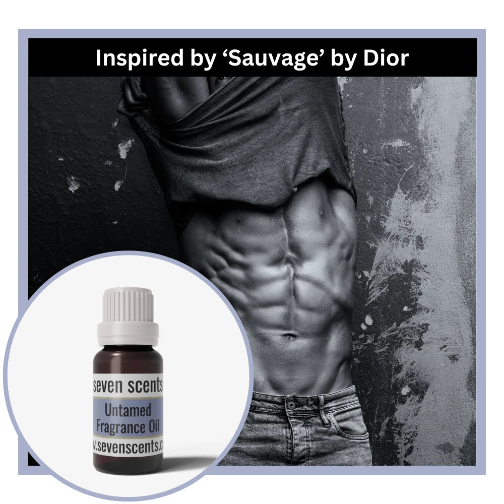 Untamed fragrance oil inspired by sauvage by dior with a black and white image of a person's torso 