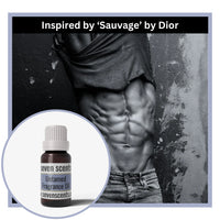 Untamed fragrance oil inspired by sauvage by dior with a black and white image of a person's torso 