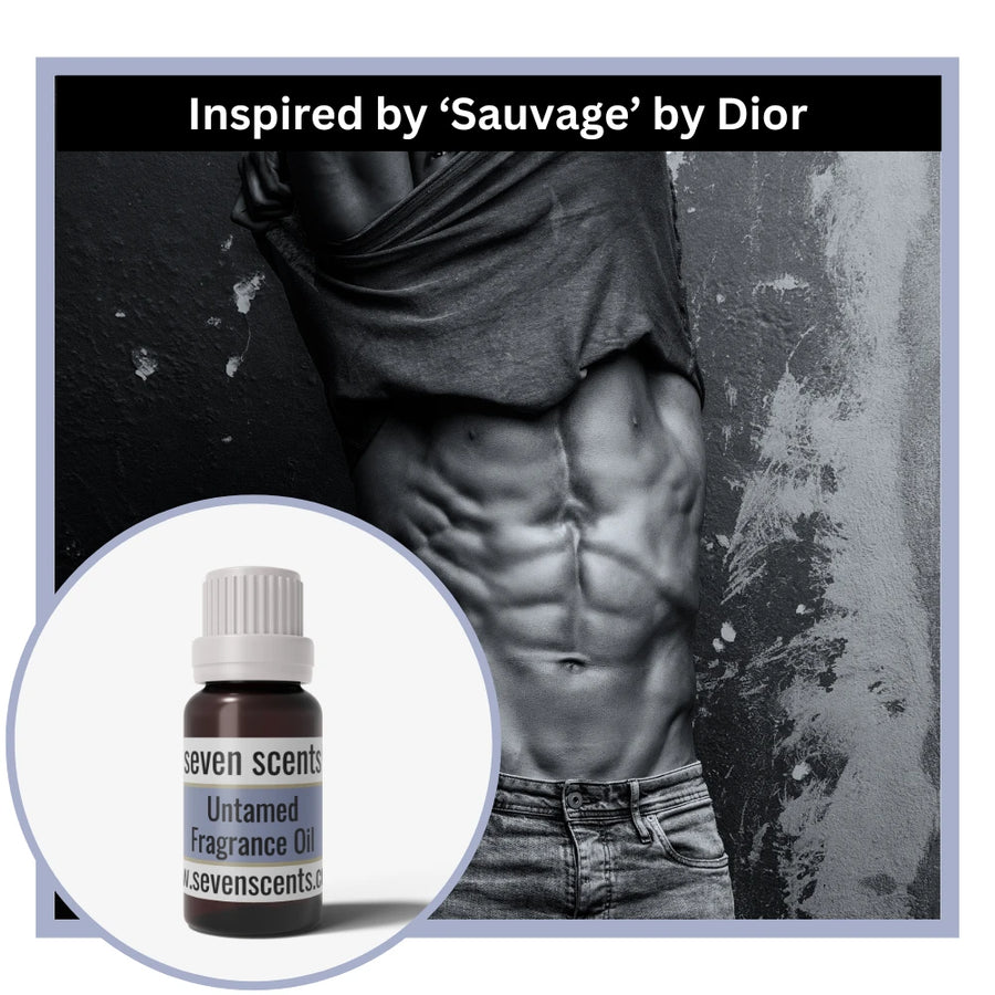 Untamed fragrance oil inspired by sauvage by dior with a black and white image of a person's torso 