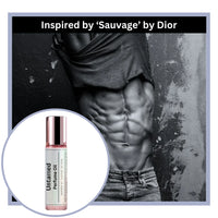 Untamed perfume oil bottle with a man's torso in the background, inspired by 'Sauvage' by Dior.