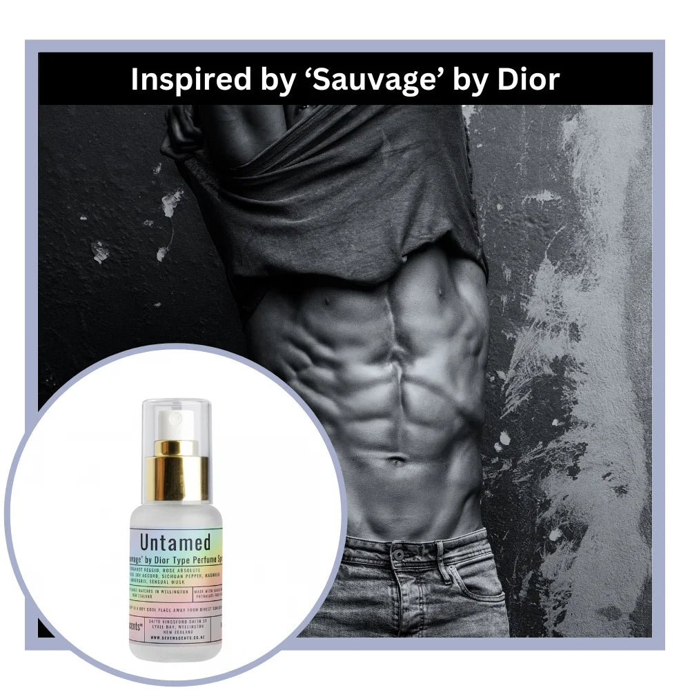 Scented bottle with 'Untamed' label on a black and white background featuring a person's torso, inspired by Sauvage by Dior