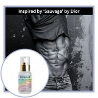 Scented bottle with 'Untamed' label on a black and white background featuring a person's torso, inspired by Sauvage by Dior