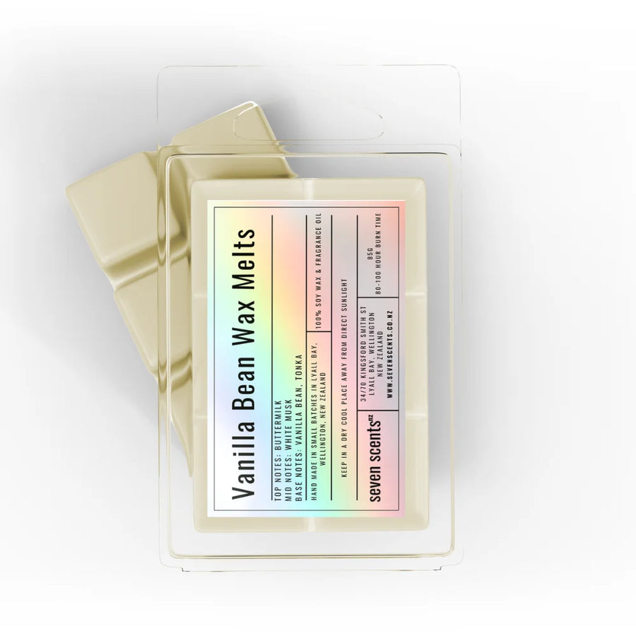 Pack of 'Vanilla bean Wax Melts' by seven scents on a white background
